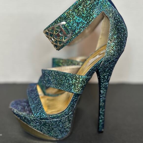 Qupid Cute gently used Sexy Blue/Green Sparkle Platform Heels with back zippe W7 - Picture 5 of 6